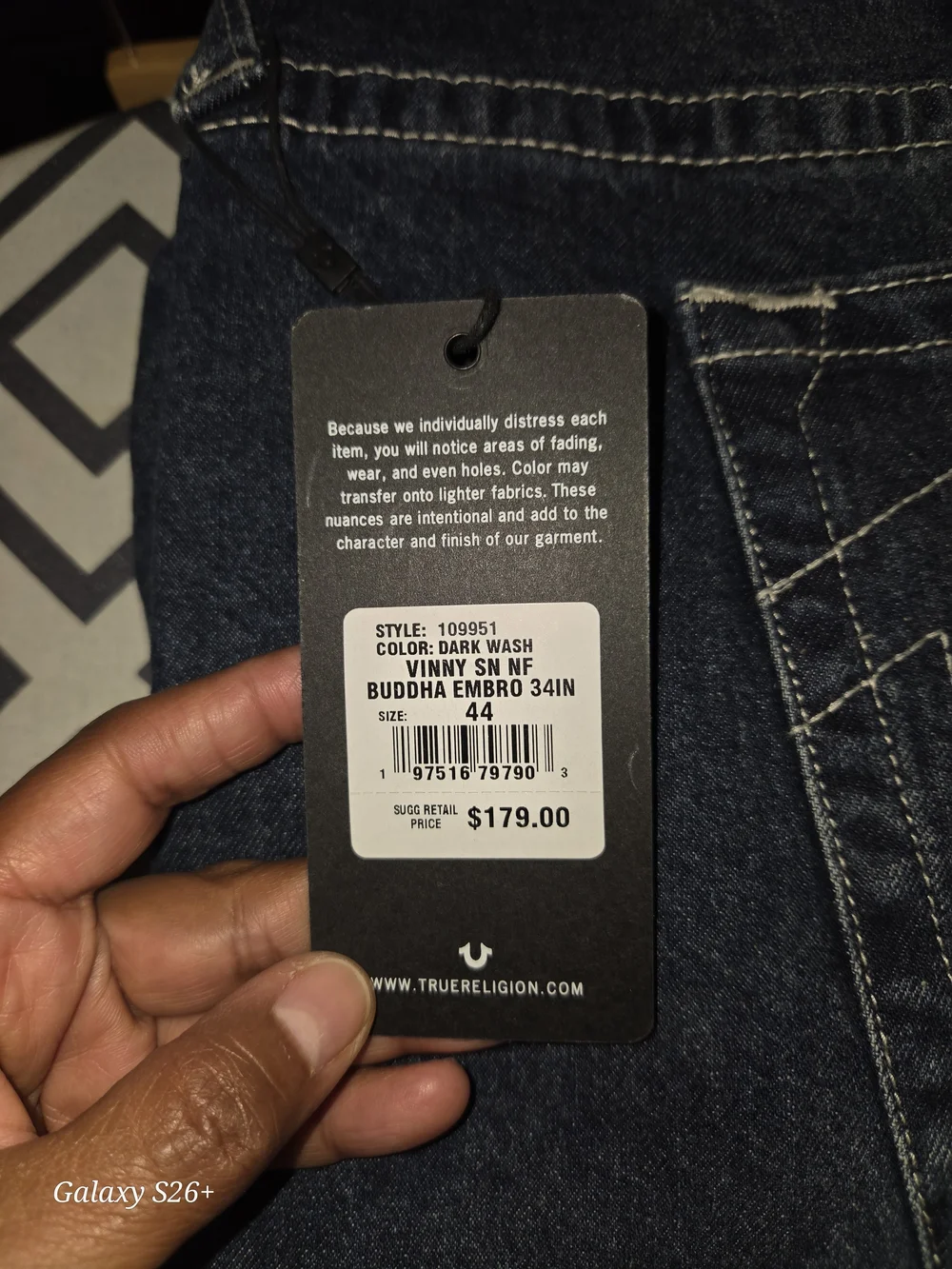 True Religion Men’s Indigo Denim Jeans with White Embroidered Pocket